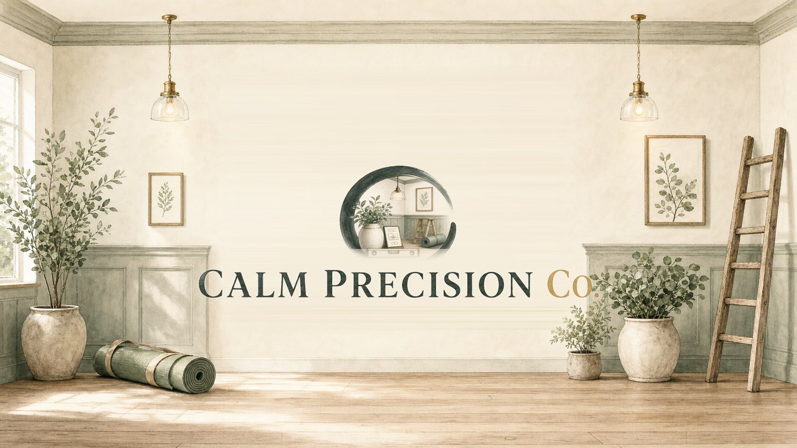 Light-filled seating among ferns and hanging vines, the same calm, precise space the Calm Precision Co. brand is built around.